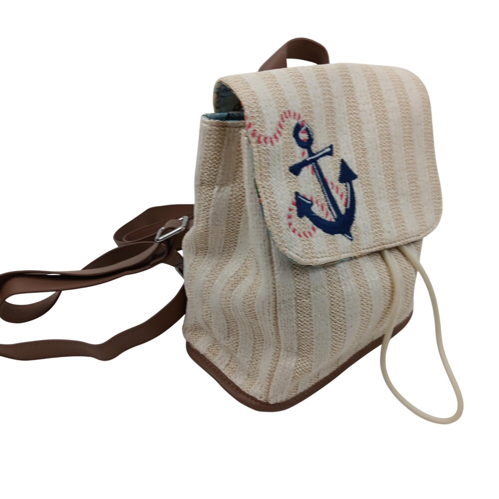 Vera Bradley Backpack Womens Medium Tan Striped Anchor Embroidered Nautical Bag